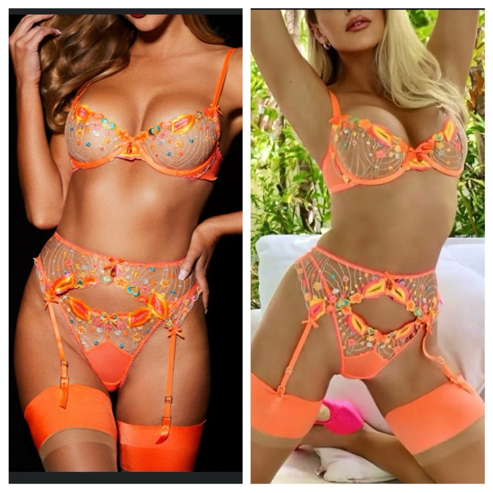 Honey Birdette Dixie Orange Set 2 Pcs Bra32DDD/F+Garter Belt Small